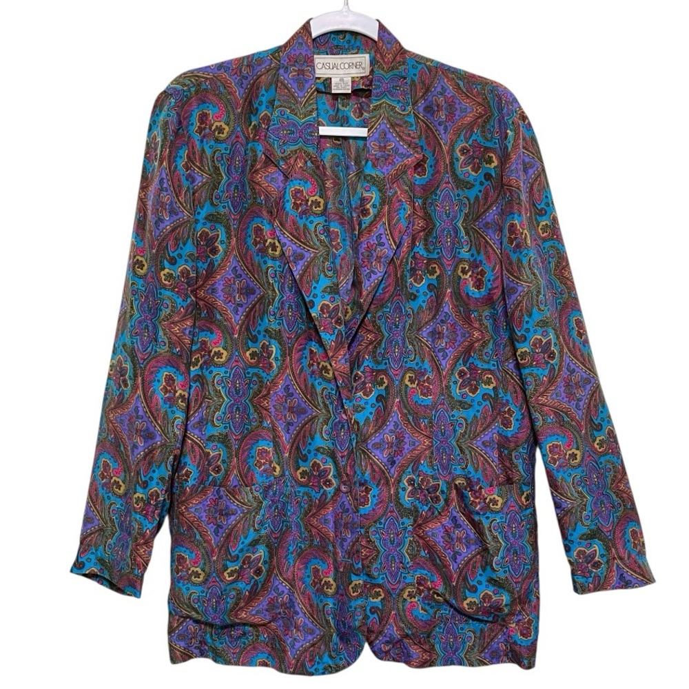 Vintage Casual Corner 100% Silk Colorful Paisley Lightweight Blazer Pockets Sz M